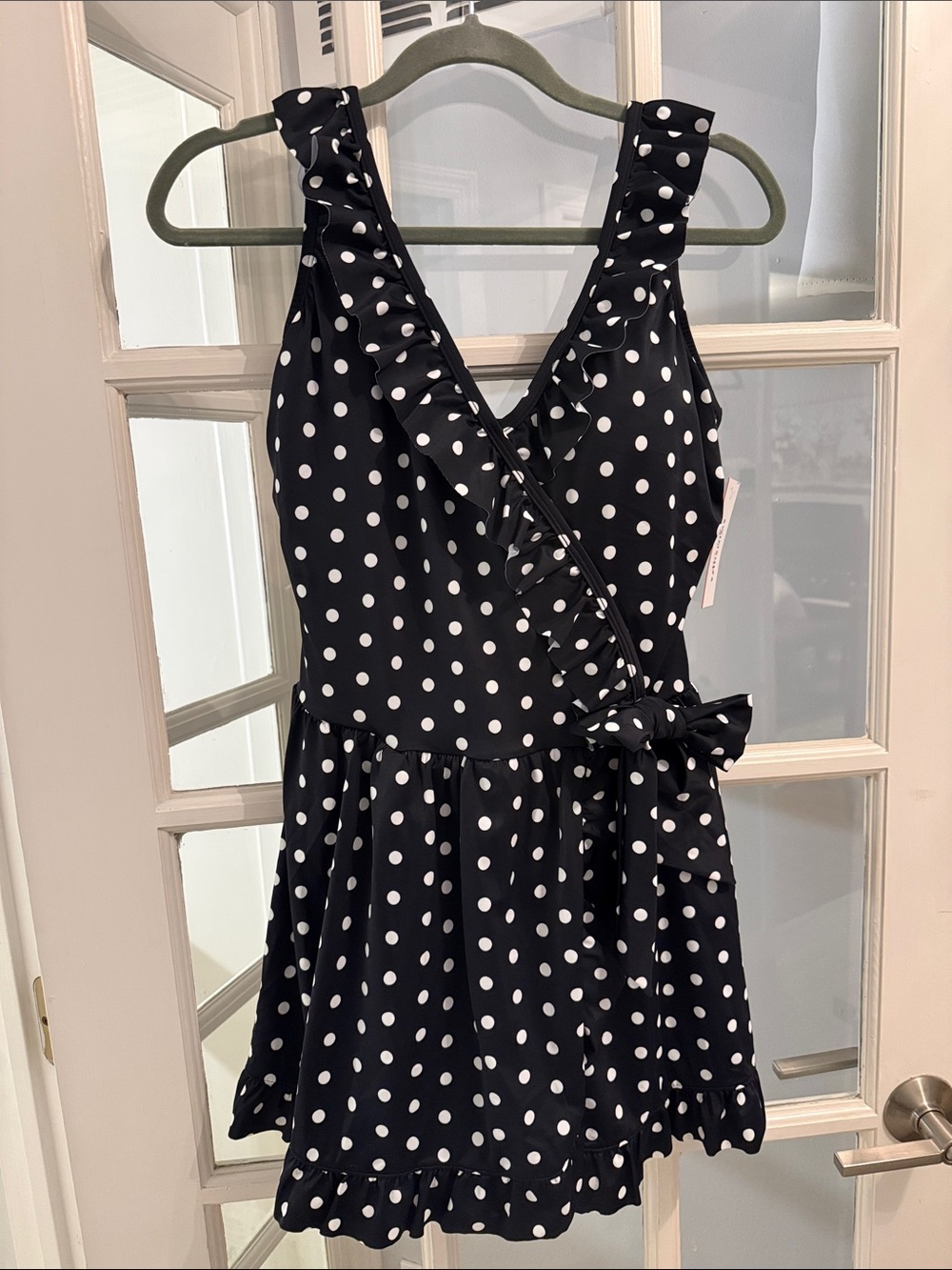 Swimsuits For All Black & White Polka Dot Ruffle Wrap swimsuit dress